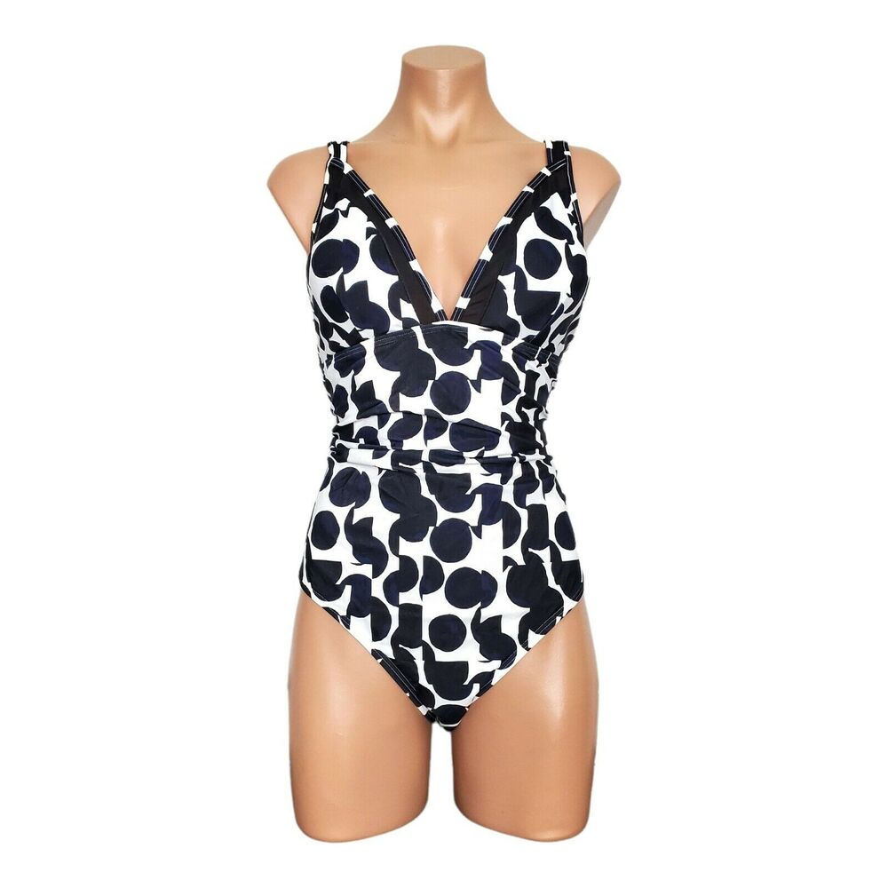 DKNY Navy Multi Dot Printed Mesh-Trim one piece swimsuit size 14